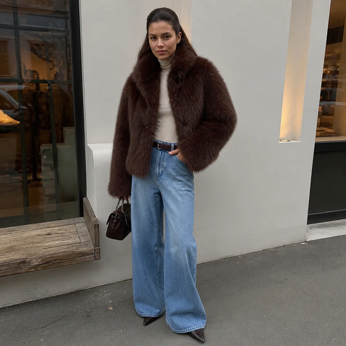 Women's Cropped Fluffy Faux Fur Coat Button Front Lapel Collar Brown Thick Warm Winter Jacket Elegant Luxe Chic Outerwear