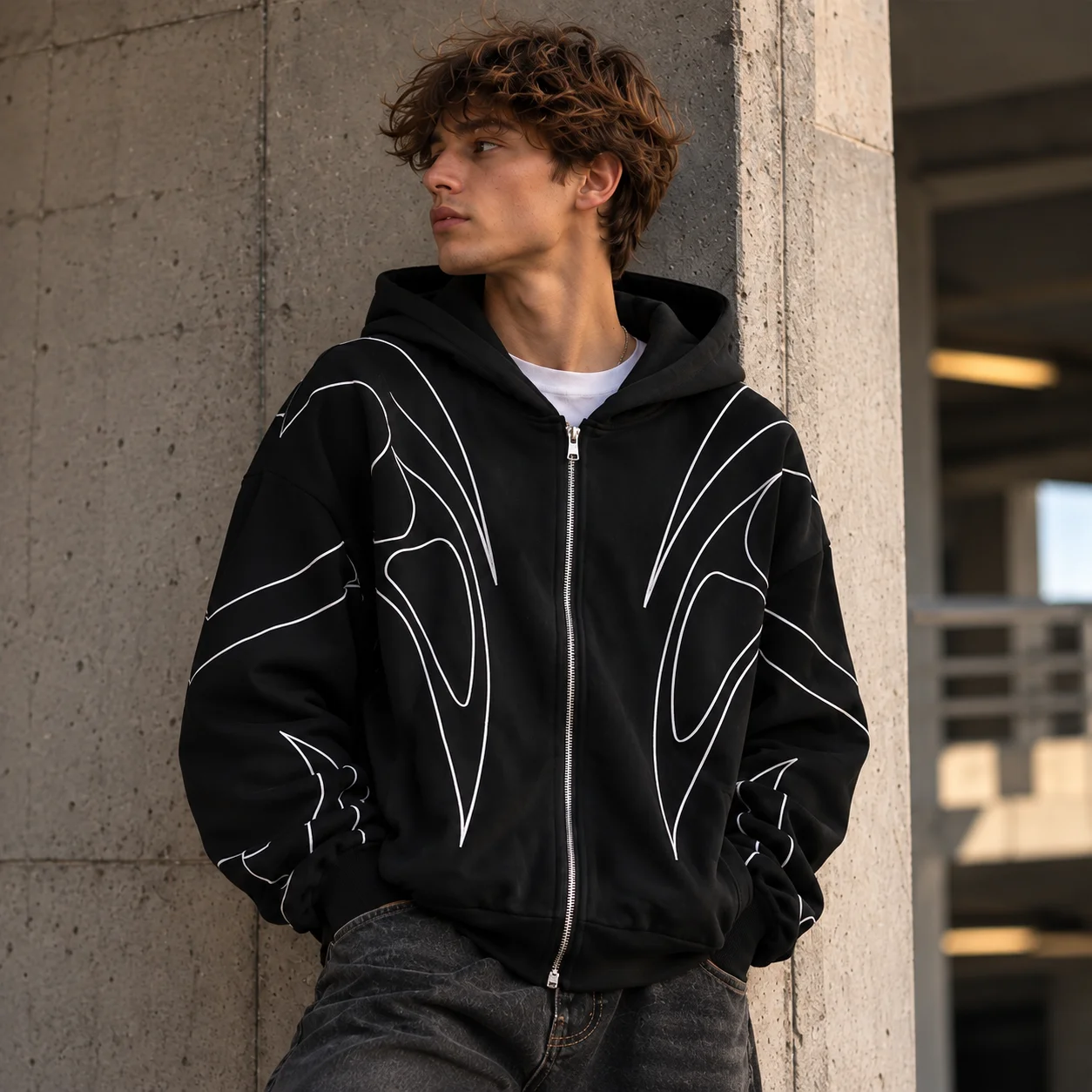 Trendiger Grafik-Reißverschluss-Hoodie, Oversized-Kapuzenpullover mit Linienmuster, Langarm, Lässige Streetwear-Herbstjacke 2026, Heißer Neuer Plus-Size-Verkauf – Detail 4