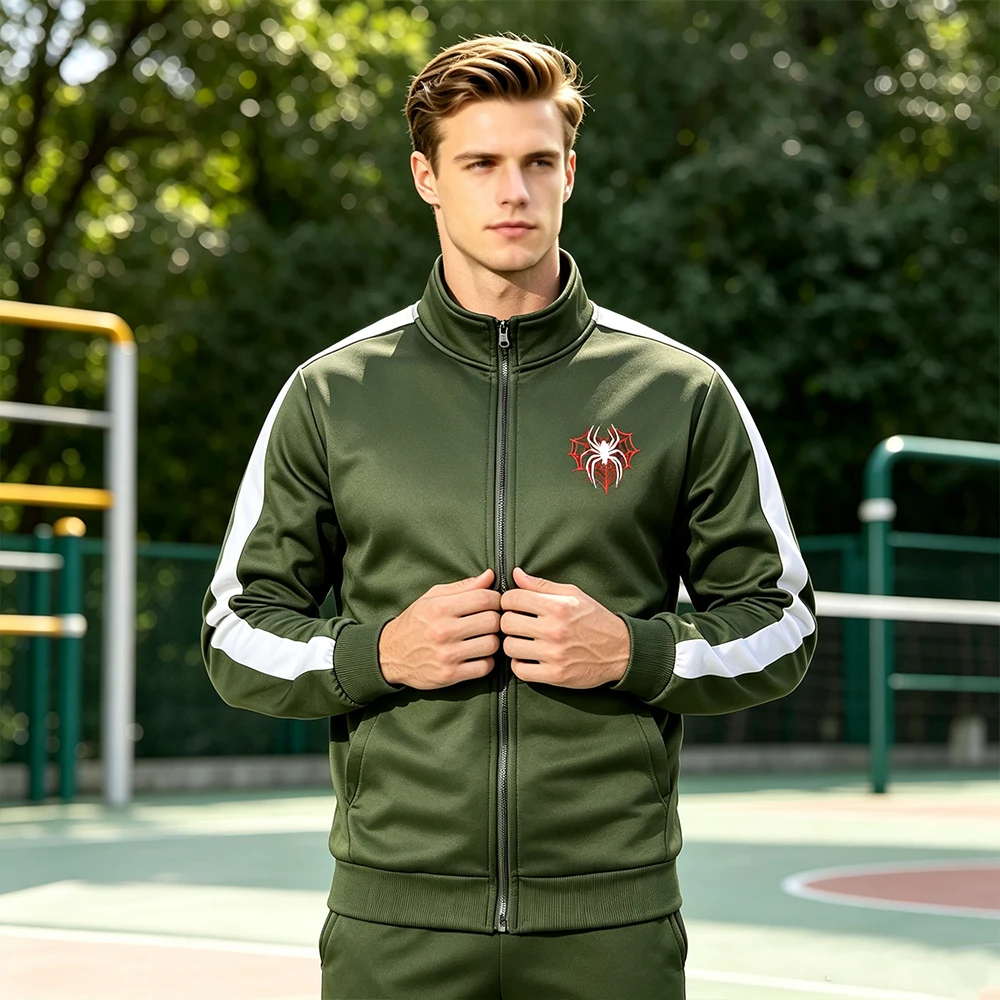 Men Stand Collar Full Zip Jacket Contrast Side Stripe Spider Web Print Casual Sports Long Outerwear Coat for Daily Athletic Wear