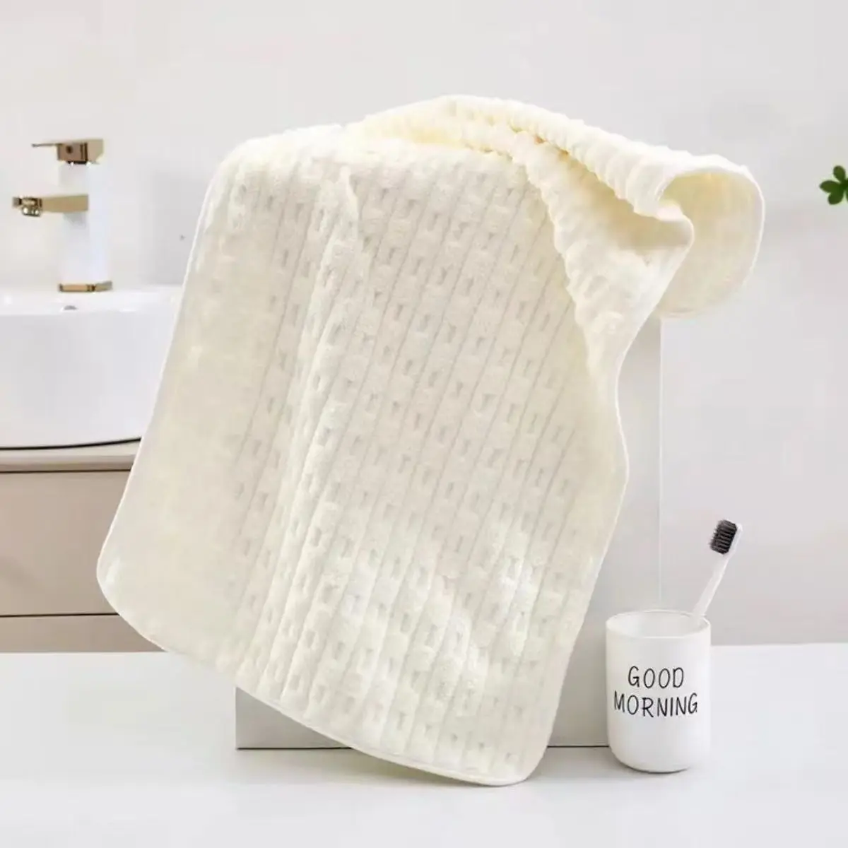 Cream White Striped Textured Towel Ultra Soft Absorbent Coral Fleece Bath Quick Dry Lightweight Durable for Bathroom Shower Spa