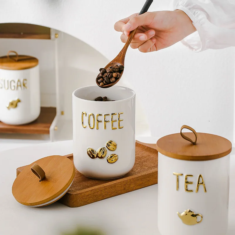 

Modern White Porcelain Coffee Tea Jar Household Moisture Proof Candy Jar Storage Container Kitchen Spice Bottle Home Decoration