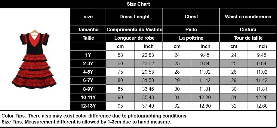 Spanisches Flamenco-Tanzkostüm für Kinder, rotes und schwarzes langes Kleid, Mädchen-Karnevals-Bühnenoutfit für Festival-Cosplay-Party – Detail 1