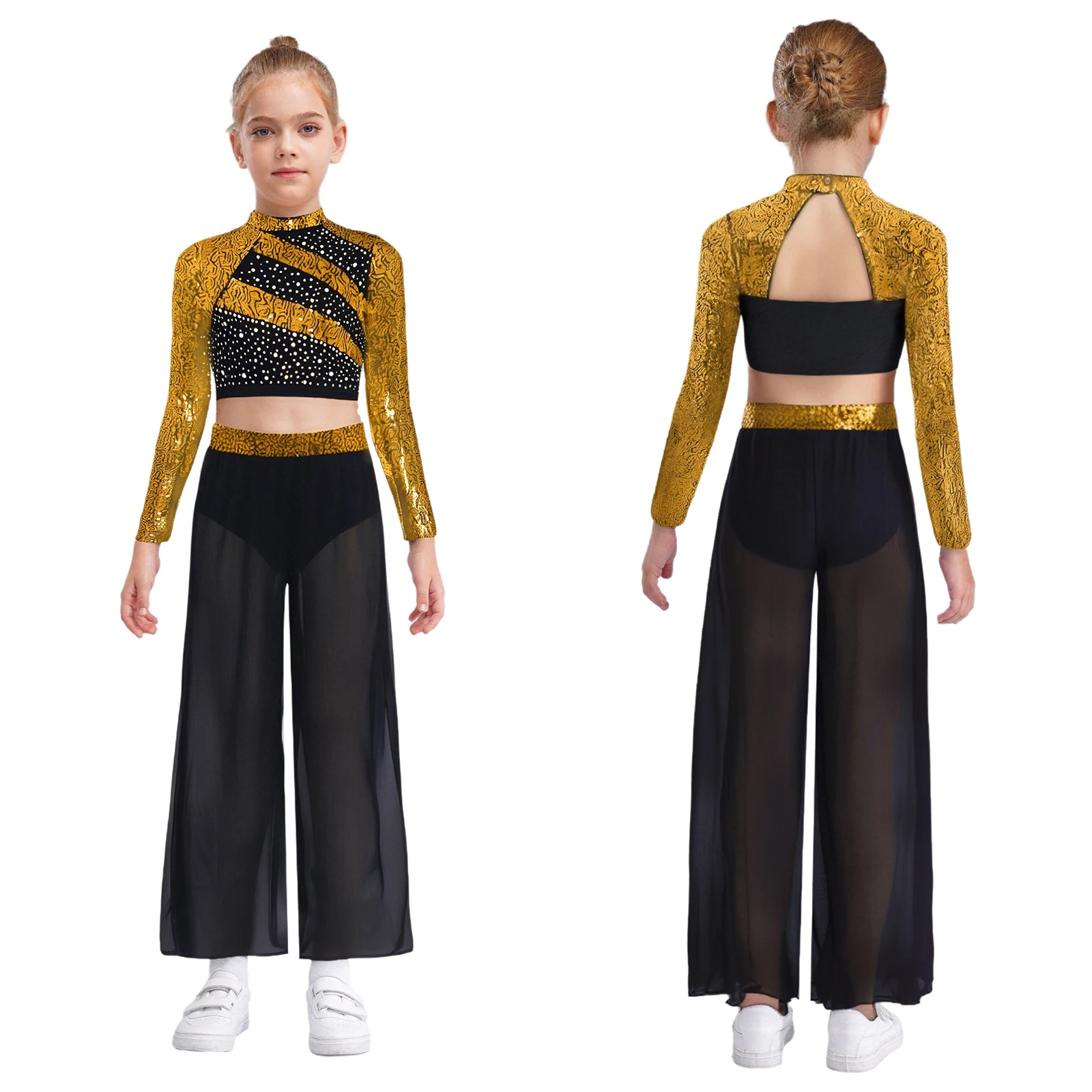 

2Pcs Girls Jazz Dance Costume Shiny Sequins Cutout Back Press Button Crop Top Flowing Chiffon Wide-Leg Side Slit Dance Pants