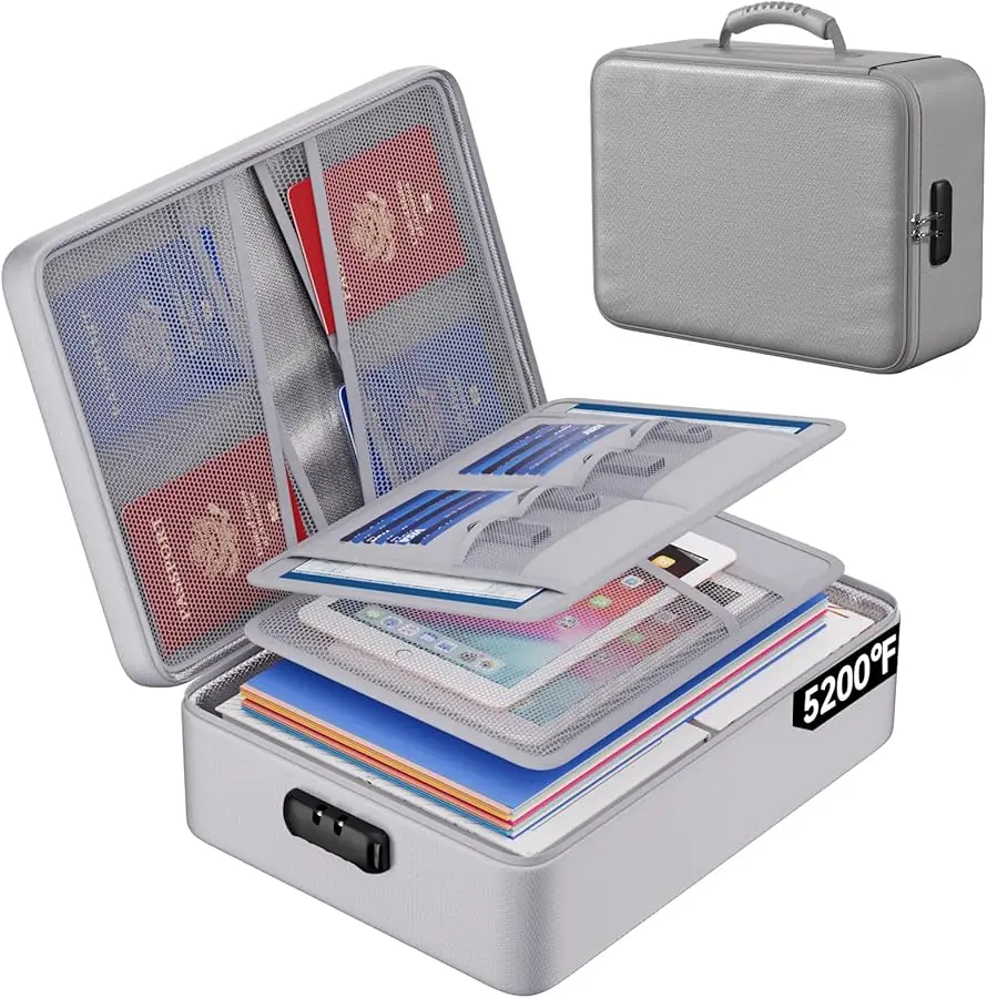 

5200°F Fireproof Document Bag with Lock, Upgraded Heat Insulated Fireproof＆Waterproof Box 8 Layers Document Organizer, Portable