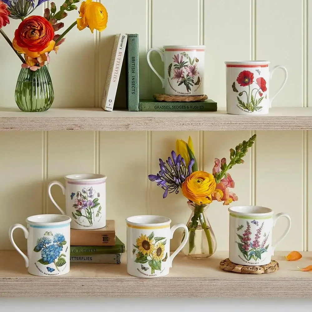 Porerion Botanic Garden Meadow - 8.5oz Coee Mug (Set o 6) | Assorted lorals with Colorul Laurel Lea Border| Earthenware | Microw