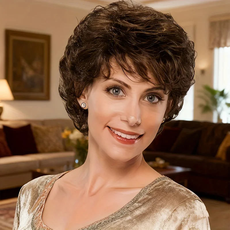 Elegant, fluffy, fashionable silver-gray synthetic wig with bangs, top-of-the-head scalp medium-length hair wig, perfect summer
