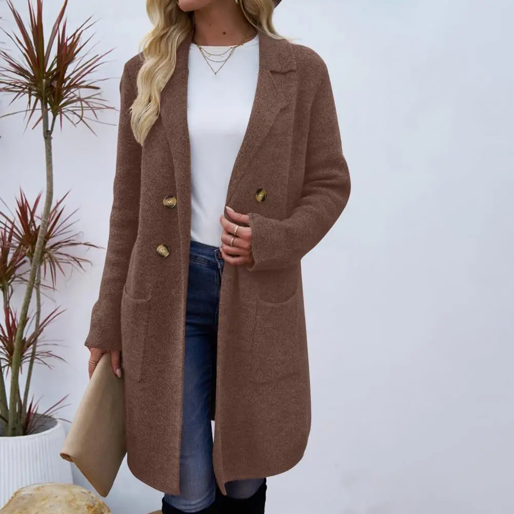 Veste en laine mi-longue pour femme, manteau boutonné à revers, col rabattu, simple boutonnage pour le travail