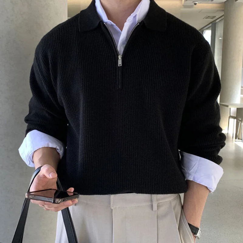 Lapel Sweater Men Warm Zipper Knitted Pullover Sweater Men Streetwear Korean Loose Long Sleeved Sweater Mens Jumper Clothes