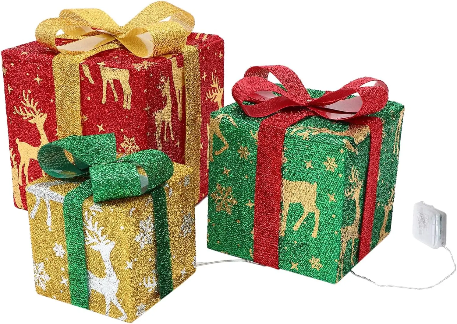 

3PCS Silver 3 Color Christmas Deer Christmas Lighted Gift Boxes with Remote Control Pre-lit 50 LED Light Up Present Box