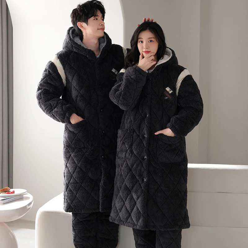 

High Quality Thick 3 Layer Clip Cotton Hooded Bathrobe+Pant Men Women Winter Warm Kimono Bath Robe Dressing Gown