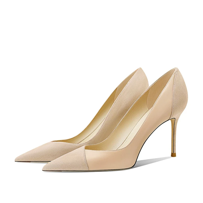 Sharp pointed thin heel versatile patchwork nude high heels, women's design sense, temperament, socialite new single shoes