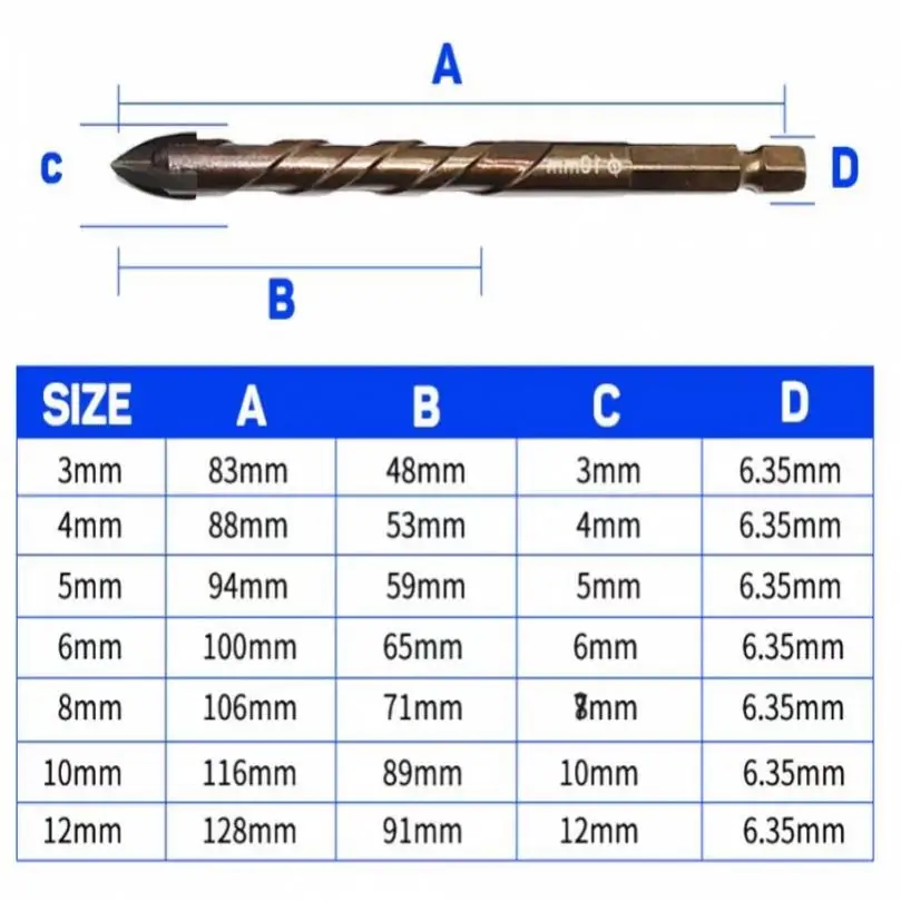 

7pcs 3-12mm Fully Ground Four Blade Blade Multifunctional Cross Hex Tile Drill Bits