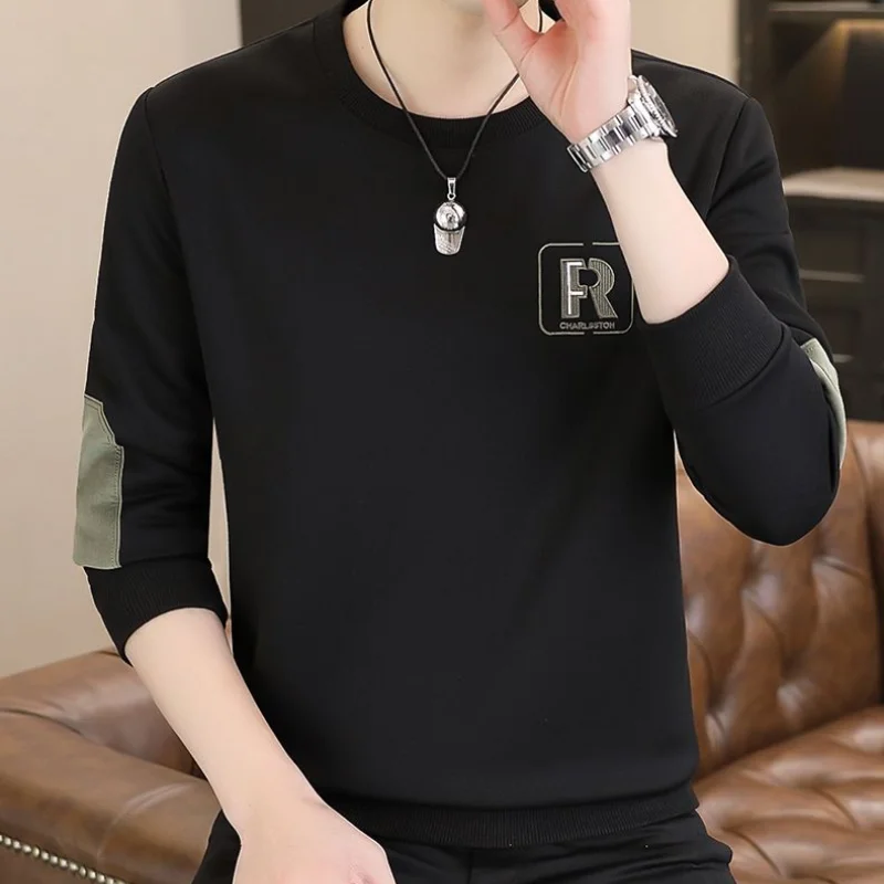 Men\'s Clothing Oversized Versatile Autumn and Winter New Letter Round Neck Long Sleeved Solid Color Casual Commuting Pullover