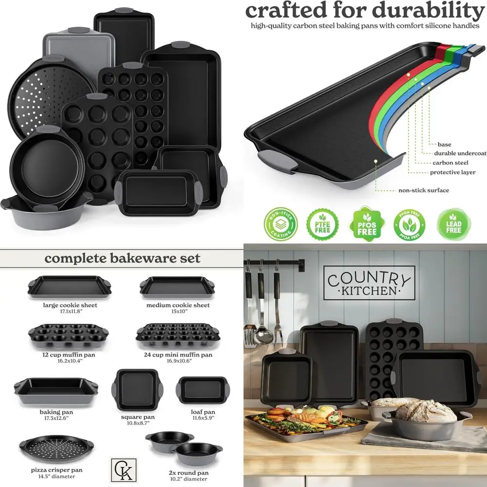 

nonstick stackable bakeware set - heavy duty, durable, easy release baking set, grey, 10 pcs