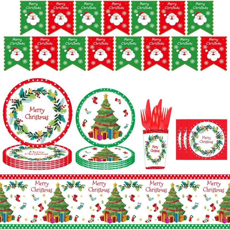 Christmas tableware set Christmas Themed Party Decoration Set Disposable Cutlery Supplies Tissue Paper Cups Paper Plate Banners