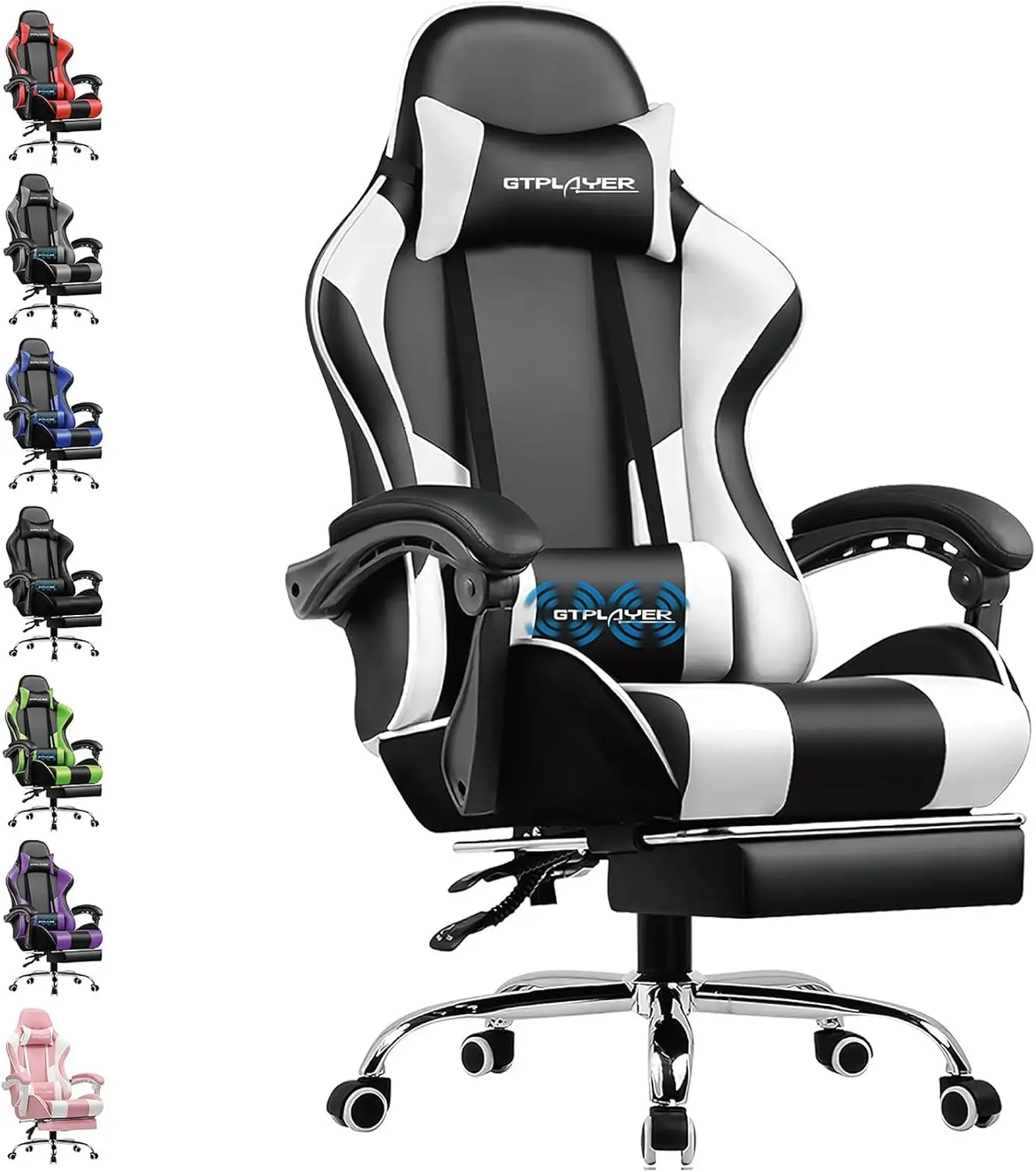 Gaming-Stuhl Bürostuhl Massage-Gaming-Sessel Ergonomischer Gamer-Stuhl mit Fußstütze, Massage-Lendenkissen, Gepolstert