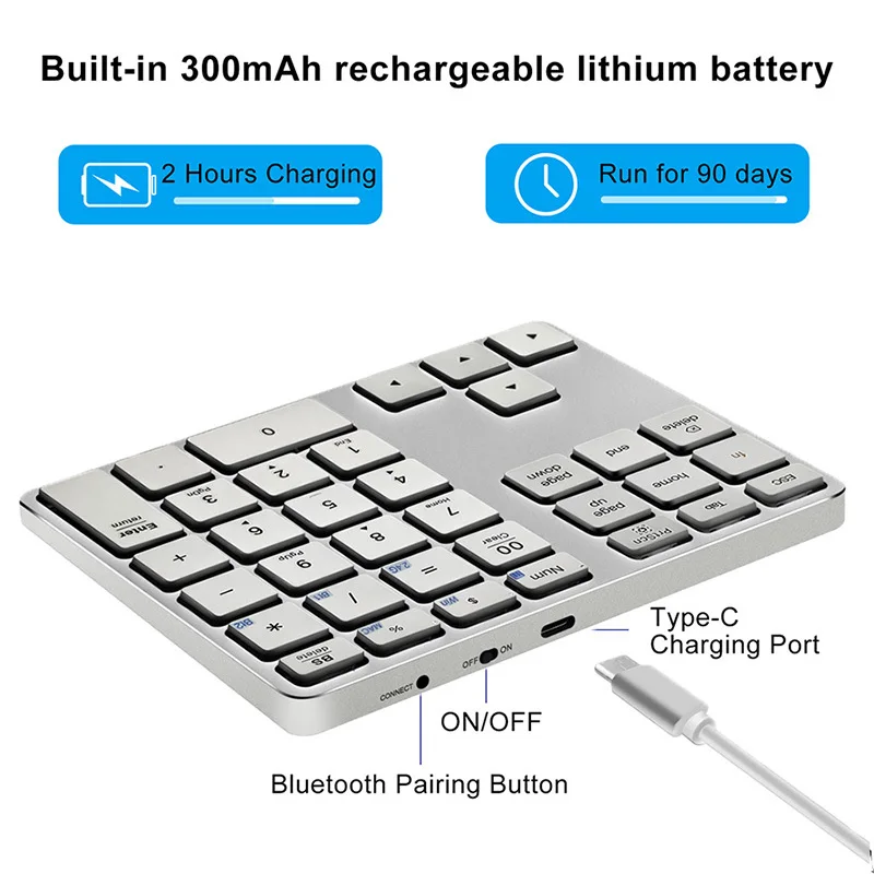 Number Pad, Aluminum USB-C Rechargeable Wireless Number Pad, External 35-Keys Portable 2.4 GHz  Keyboard for Laptop, PC Desktop