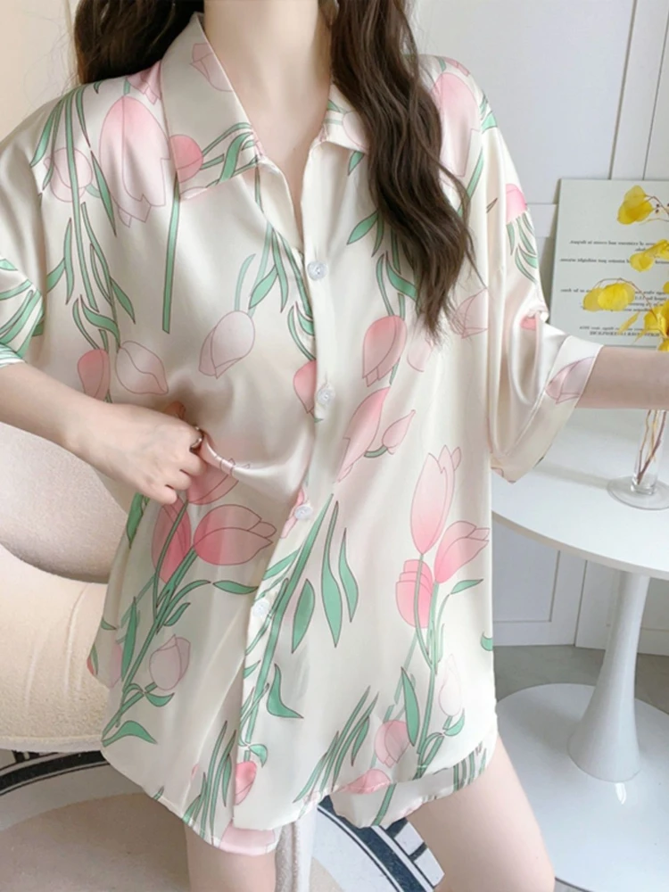 L-6XL Two Piece Pajama Sets Women Prints Chic Turn-down Collar Sexy Nightwear Simple Graceful Ladies Summer Loose Cool Lounge