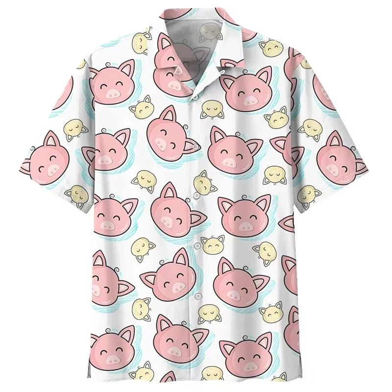 

Cartoon Pig Pattern Hawaiian Shirt For Men 3D Printed Animals Short Sleeves Summer Lapel Oversized Shirts Street Button Blouses