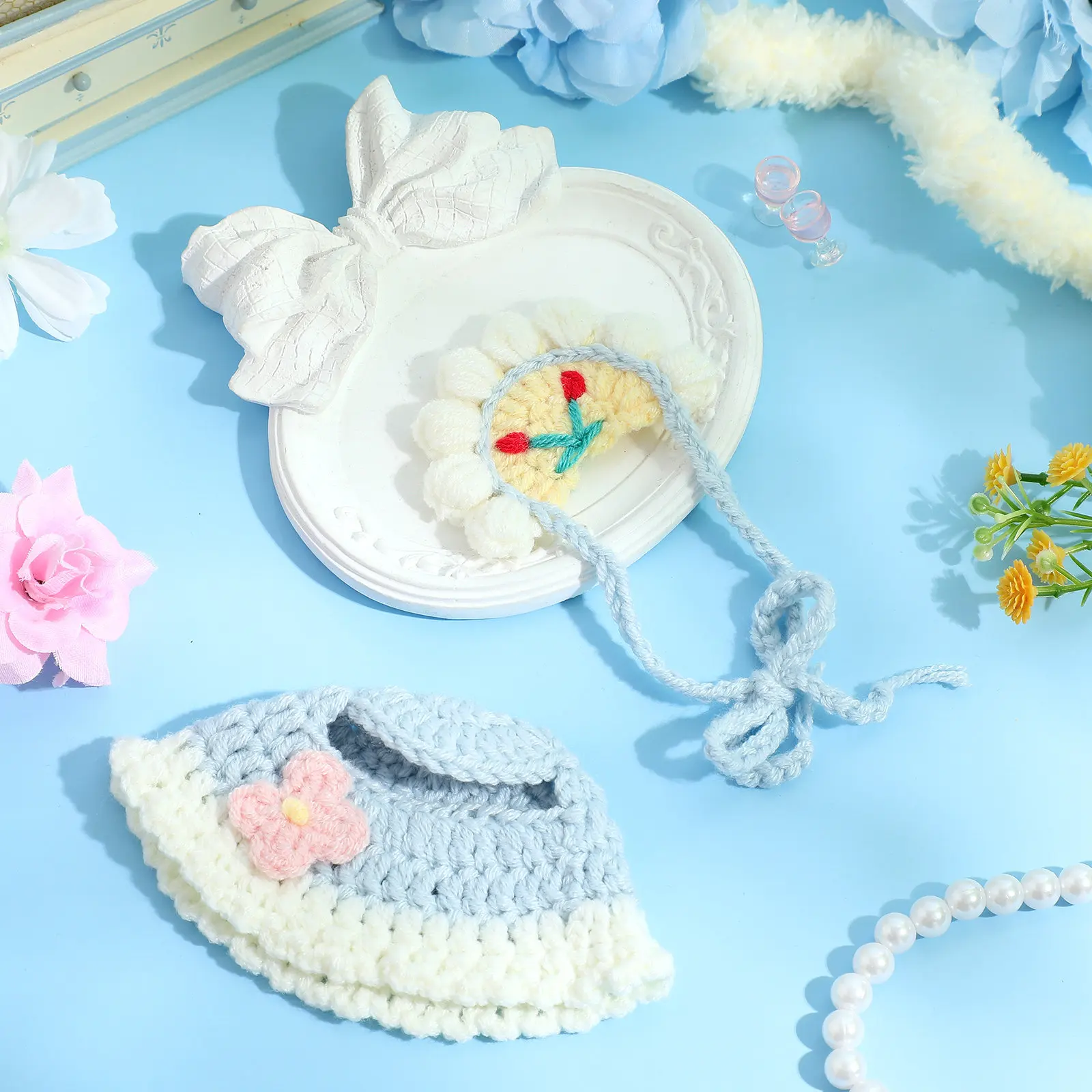 

1Set Compatible Soft 17Cm Baby Bib Hat Set Knitted Accessories Newborn Clothes Mini Clothes Photoshoot Accessories