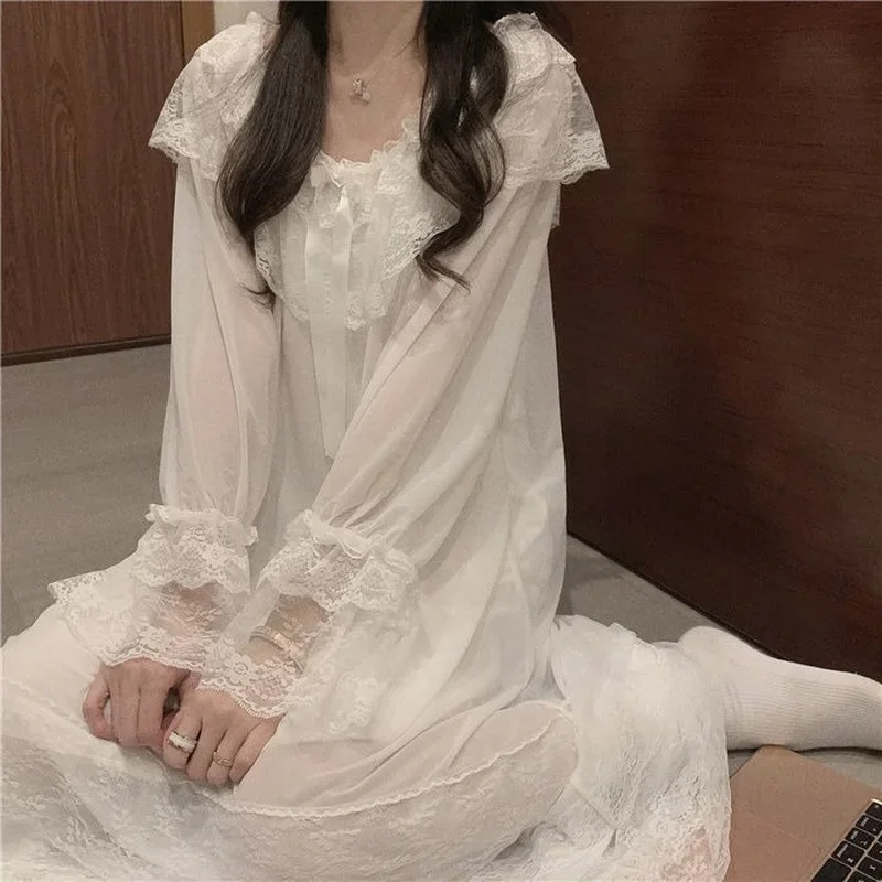 Nightgowns Women Solid Loose Bow Long Sleeve Mid-calf V-Neck Leisure Home Princess Style Stylish Gentle Feminino Sleepshirts New