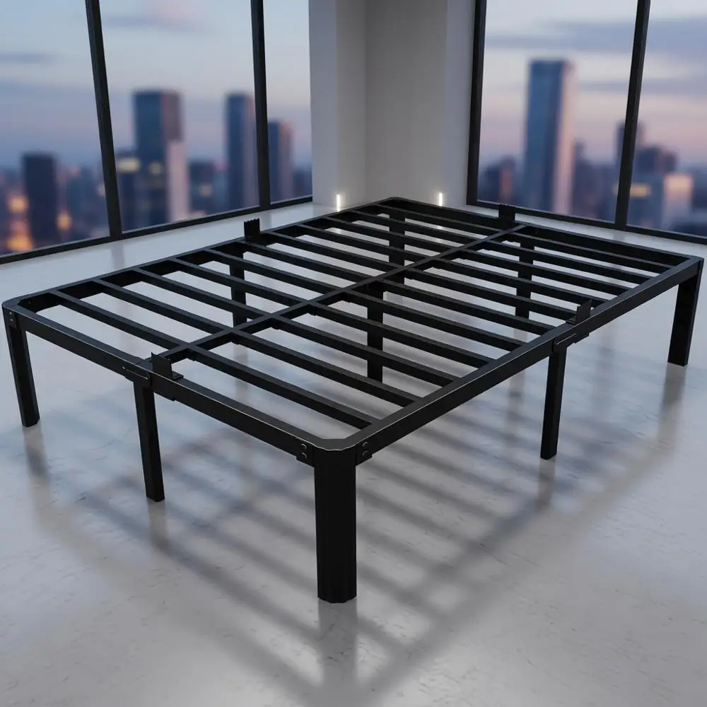 

Queen Size Heavy-Duty Black Metal Platform Bed with Round Legs, Mattress Slide Stopper, No Box Spring Required, Easy Assembly