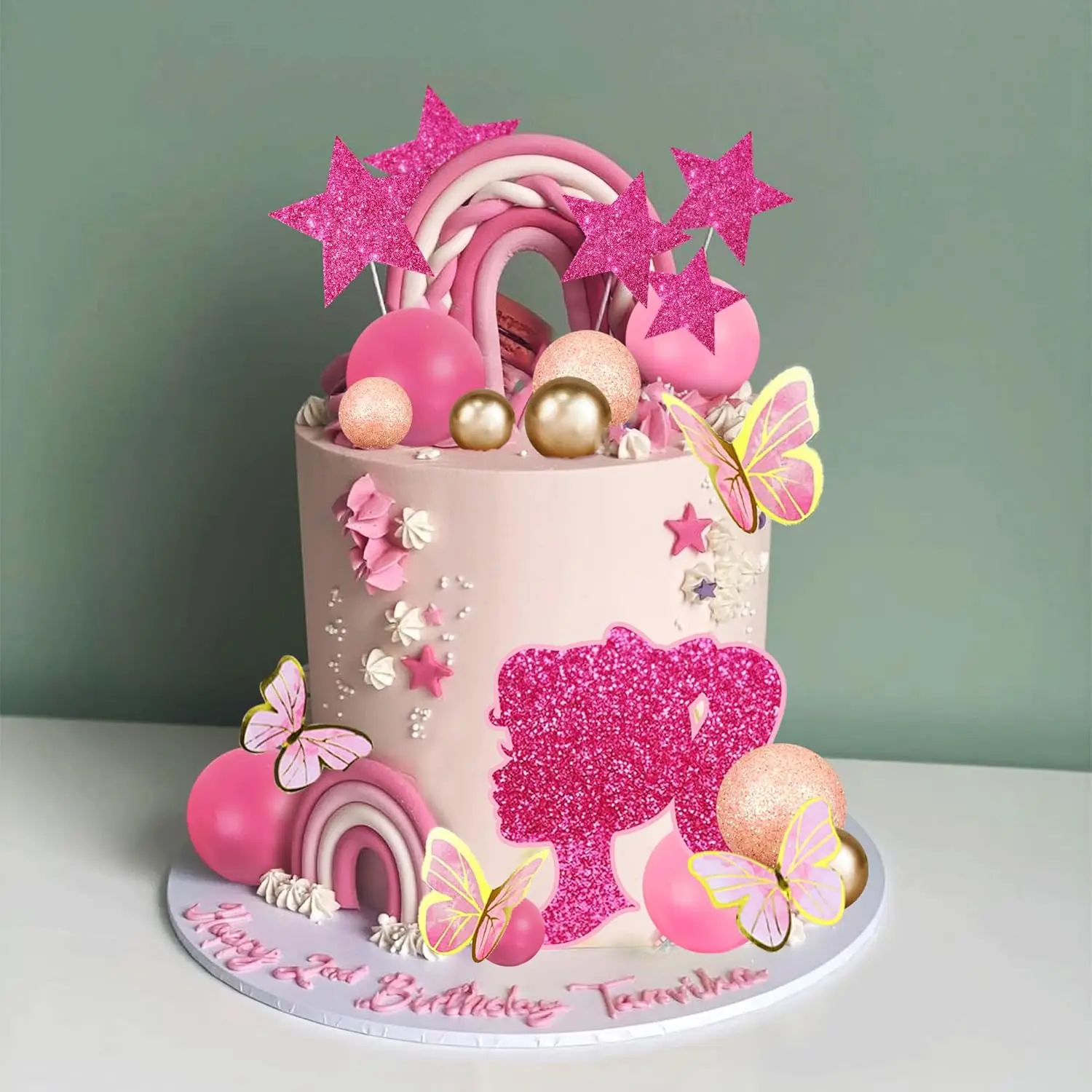 قطع علبية للكعك الوردي لحفلة أعياد الميلاد ، كرات ذهبية دمية نجمة ، تزيين كعكة موضوع الفتاة ، وردي ساخن ، 46 فراشة