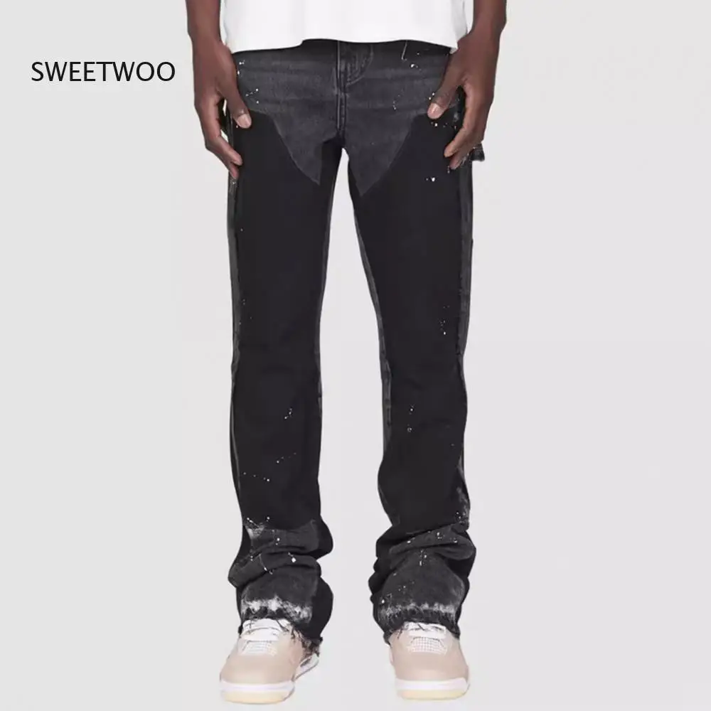 Men's Denim Overalls European And American Fashion Stretch Patch Denim Laminated Flared Pants