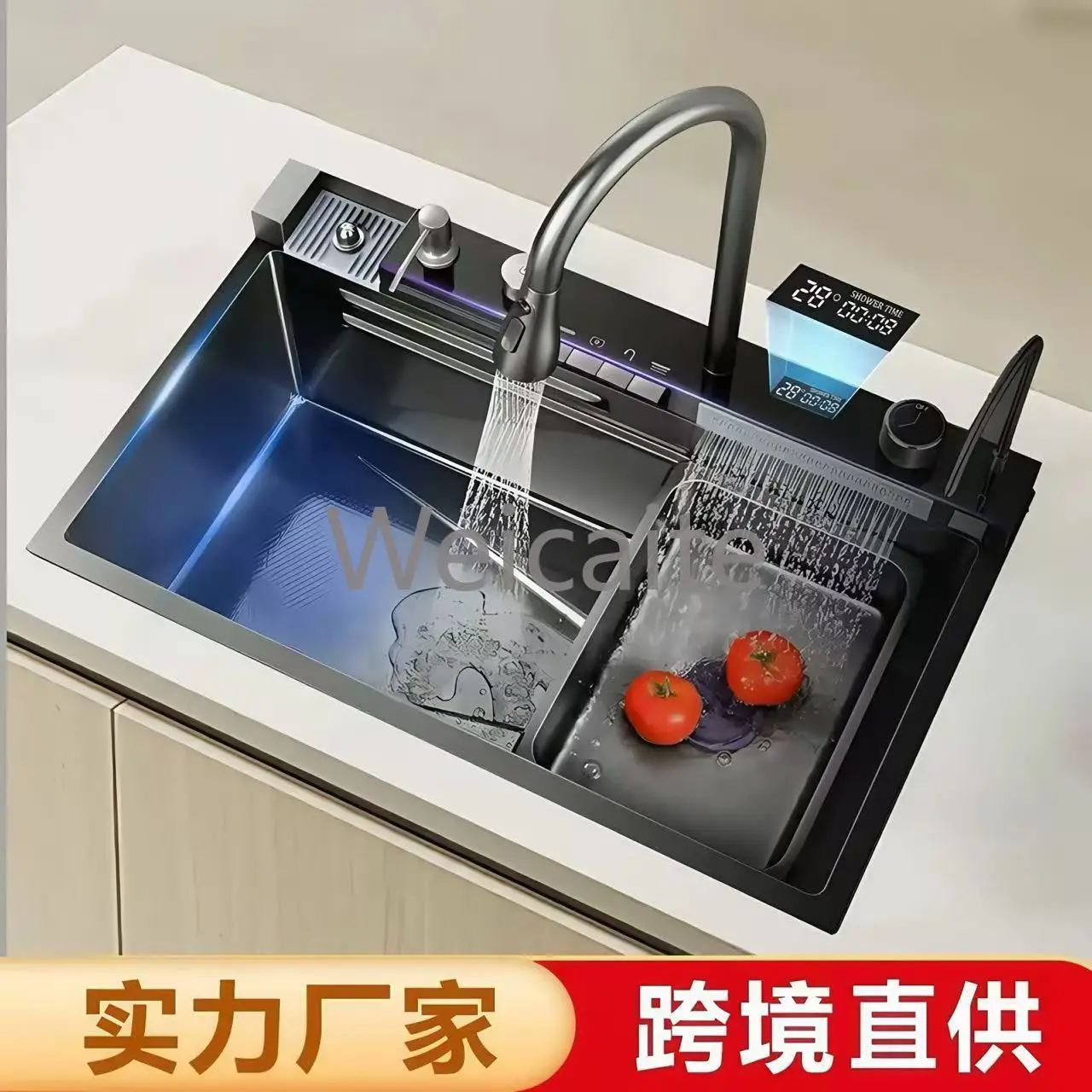 Fregadero de cocina de un solo tanque en cascada, pantalla Digital, lavavajillas Nano 304, acero inoxidable, panal, lavado de verduras para el hogar