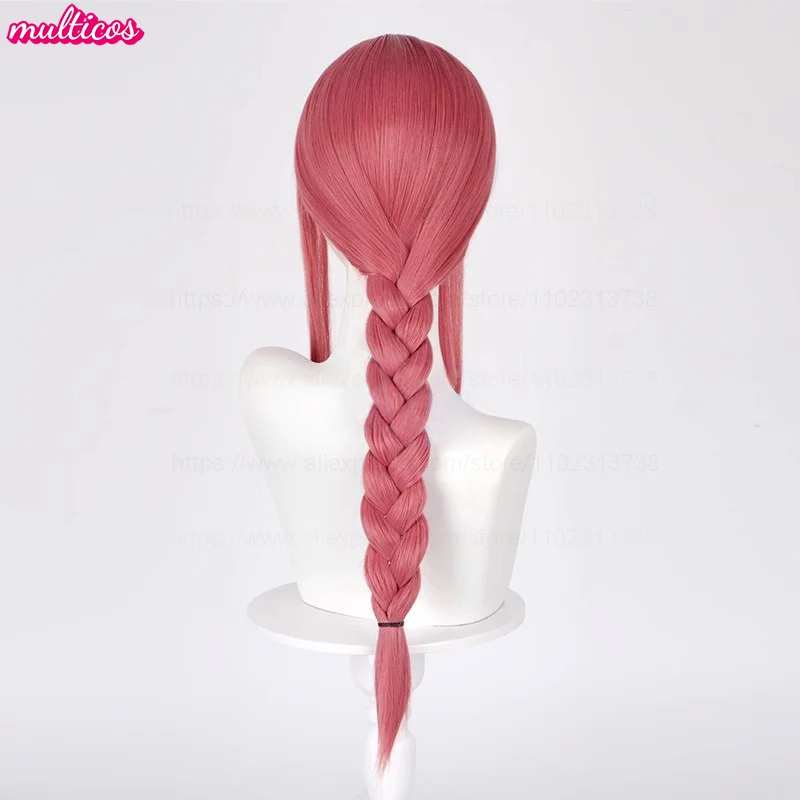 Alta qualidade makima cosplay peruca longa rosa vermelha trançada resistente ao calor cabelo sintético festa de halloween couro cabeludo anime perucas + peruca boné