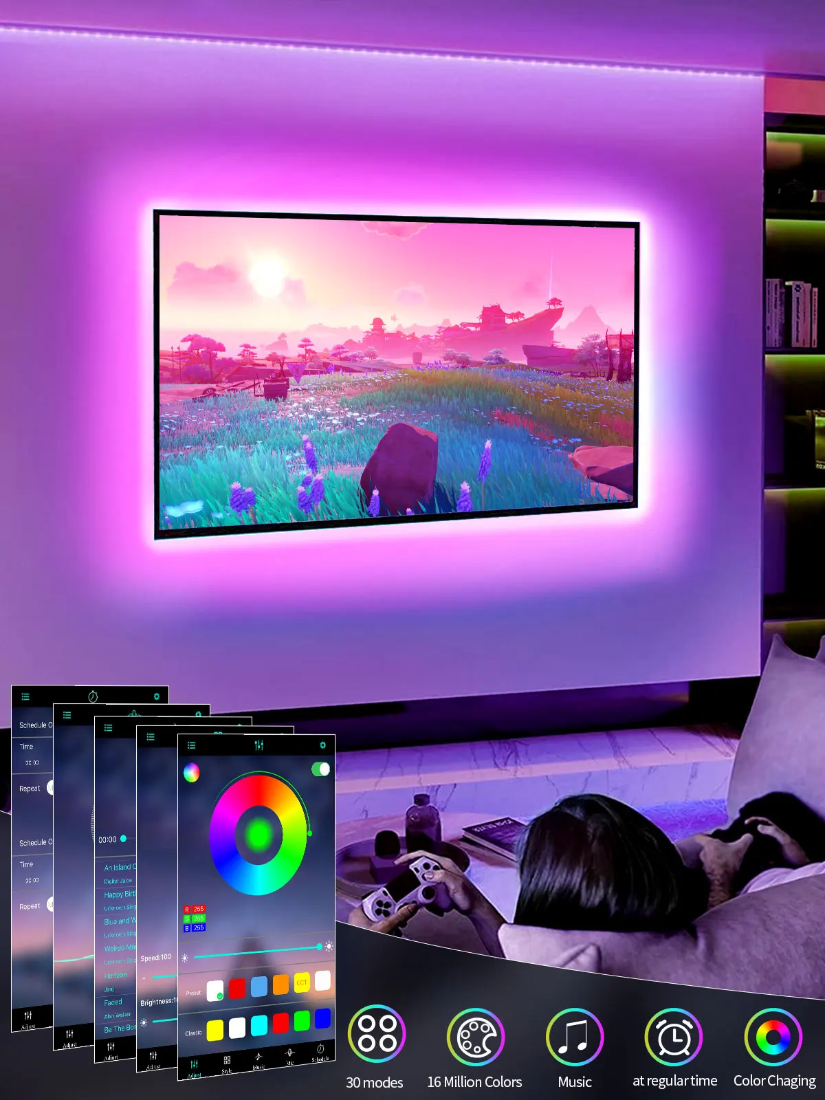 Gipoyent tira de luz led para tv, bluetooth, controle por aplicativo, sincronização de música, rgb, mudança de cor, luz de fundo para tv 32-60