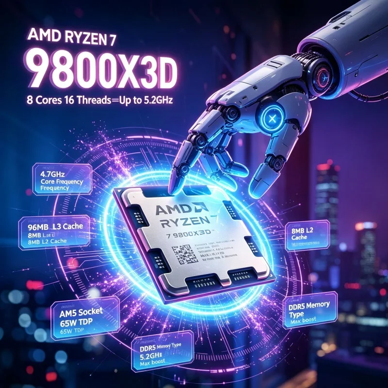 AMD Ryzen 7 9800X3D 120W 4nm CPU Processor 8 Cores 16 Threads 4.7GHz 5.2GHz 96MB L3 Cache Socket AM5 DDR5 Desktop No Fan