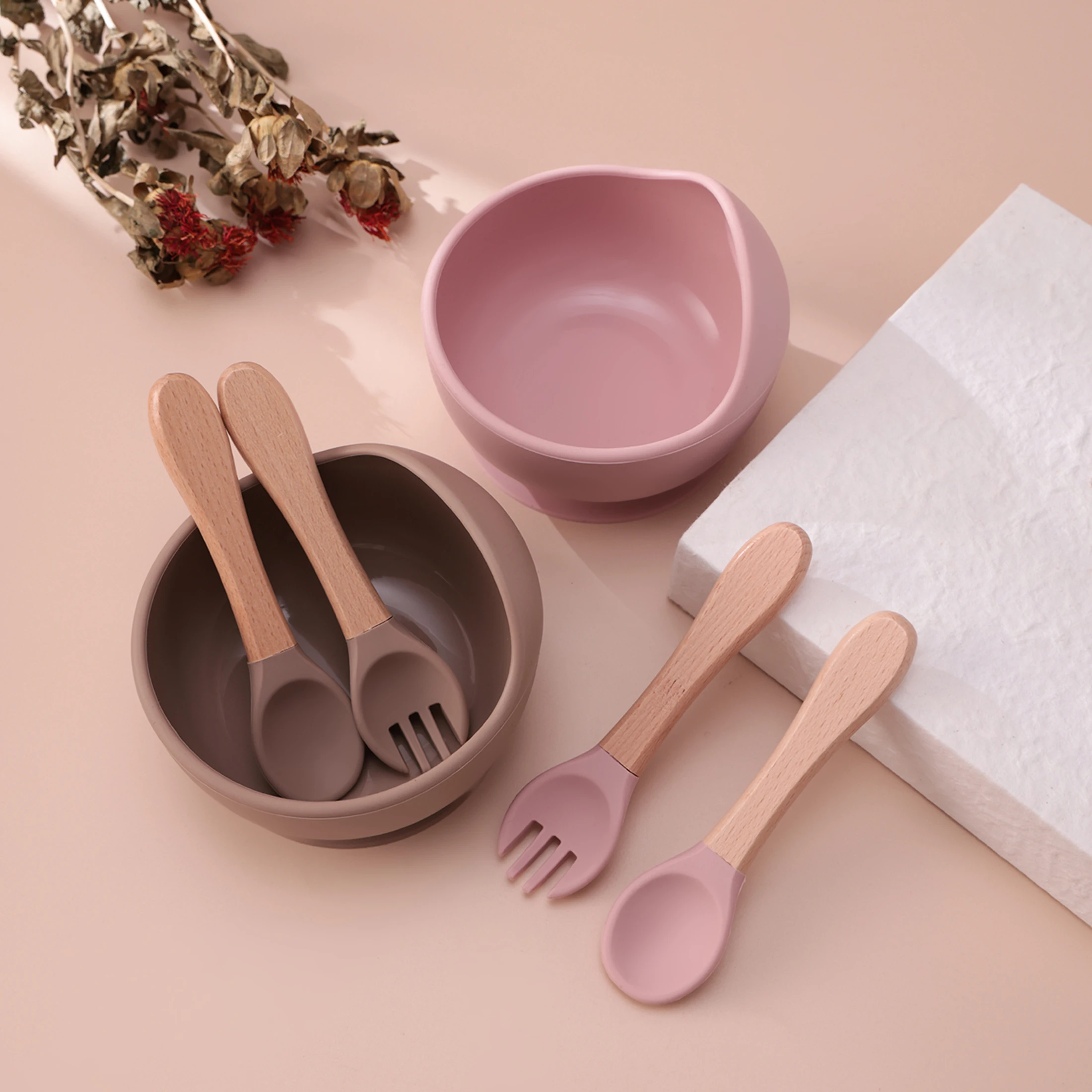 Color Kids 3PCS Silicone Baby Feeding Set Suction Bowl Wooden Spoon Fork BPA Free Training Tableware Toddler Utensils Baby Gifts