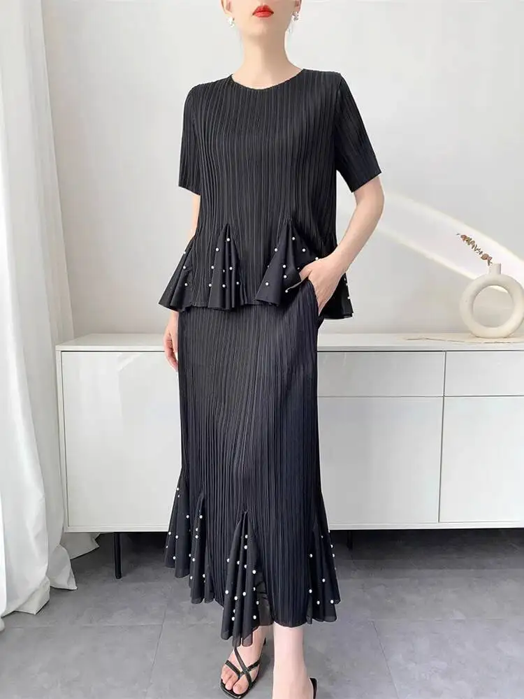 large Lotus leaf swing nail bead short sleeved pleated top+pleated half body fishtail skirt 2DT3H