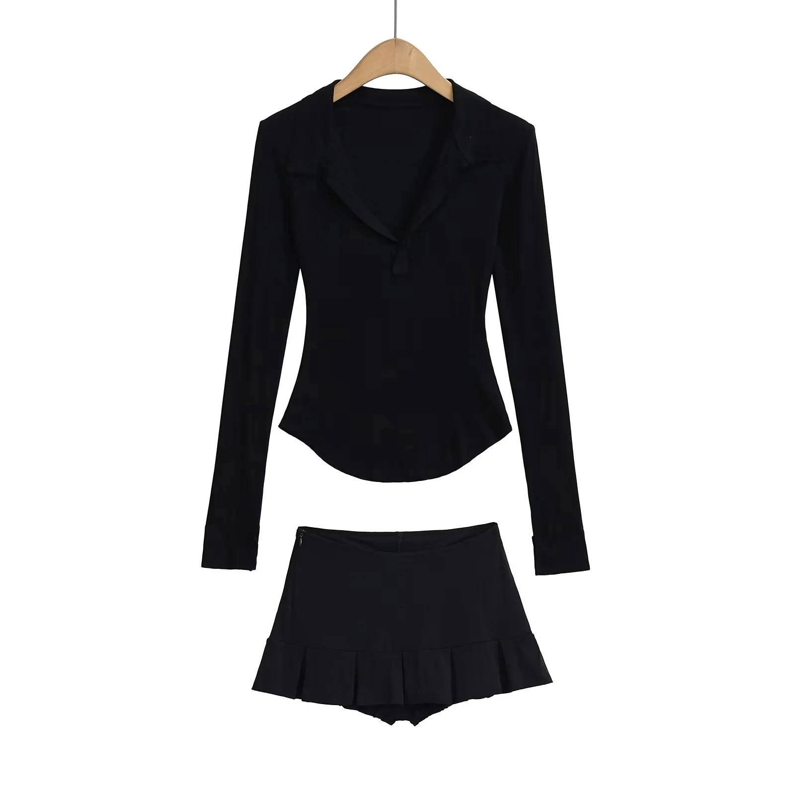 Seksowny, czysty pożądanie, wiosna 2025, nowy, elegancki, długi rękaw, koszulka z kołnierzykiem, spódnica do kolan, dwuczęściowy zestaw, moda damska, styl do pracy...