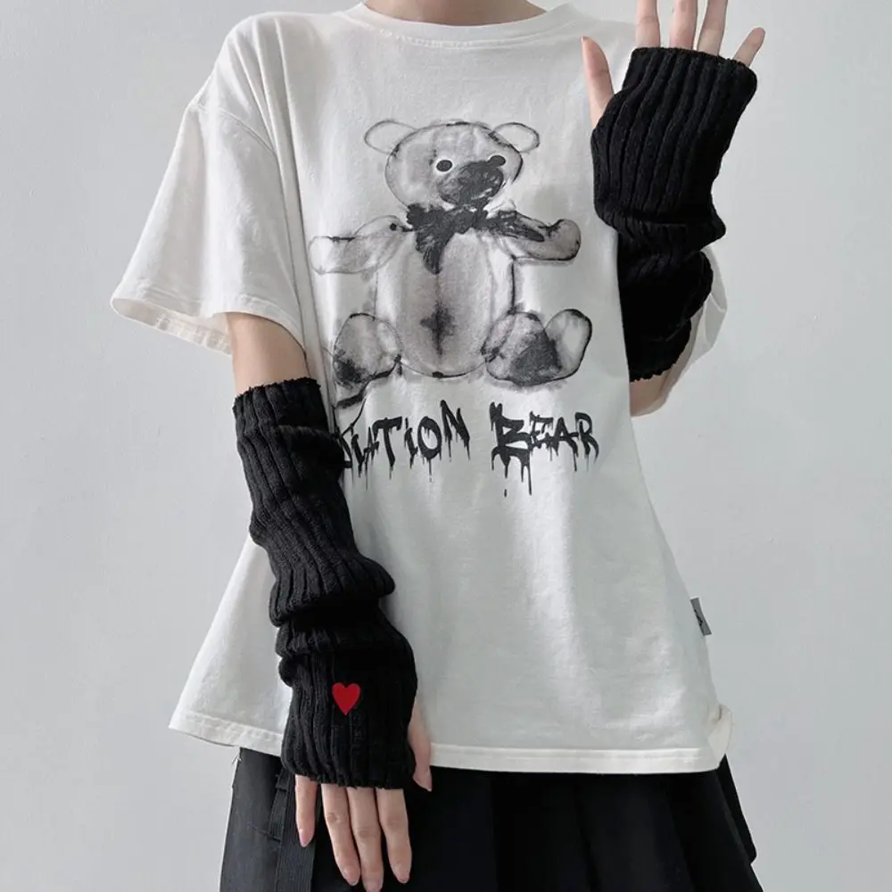 Fashion Elastic Y2K Warm Sleeves Love Long Mittens Embroidery Heart Knitted Arm Warmers Sweet Korean Style Fingerless Gloves JK