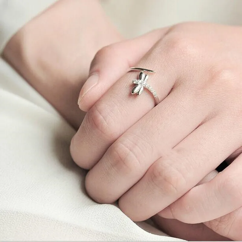 Women's 925 Sterling Silver Dragonfly Crystal Opening Ring
