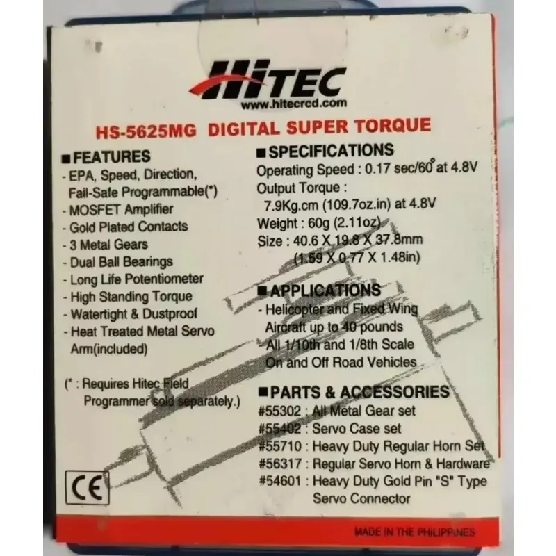 RoRuSHitec RCD Hitec HS-5625MG Digital High Speed Metal Gear Servo 40.6 X 19.8 X 37.8 60G 9.4KG Torque For RC Car Airplane