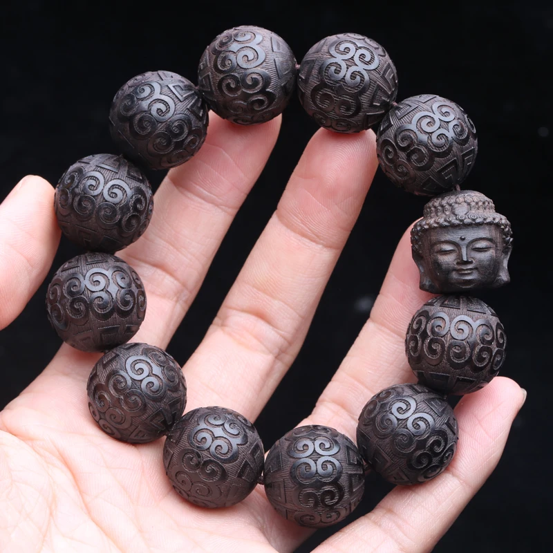 Natural Ebony Bracelet, Key Pattern Beads, Auspicious Cloud Beads, Prayer Beads, Lucky Decorations,Classic Carved Bracelets