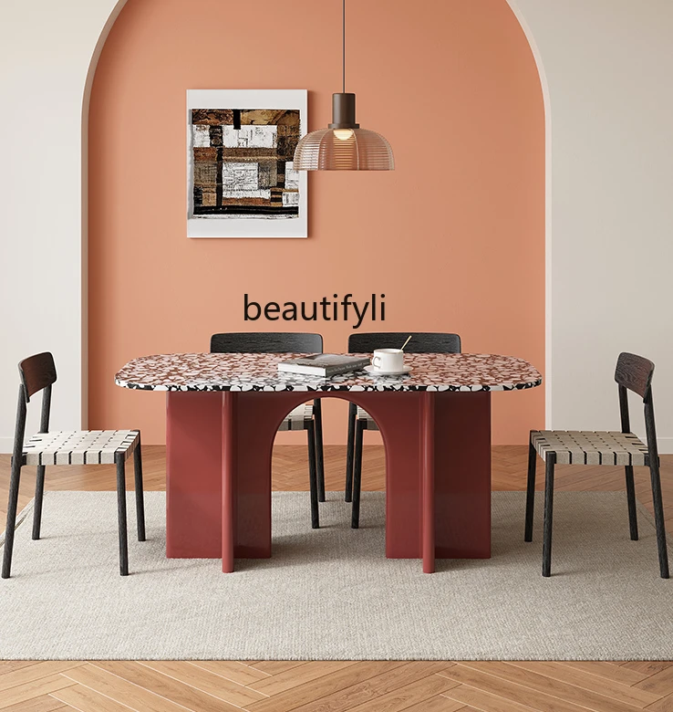 

Nordic Modern Minimalist Terrazzo Stone Plate Dining Tables and Chairs Set Household Small Apartment Rectangular Dining Table