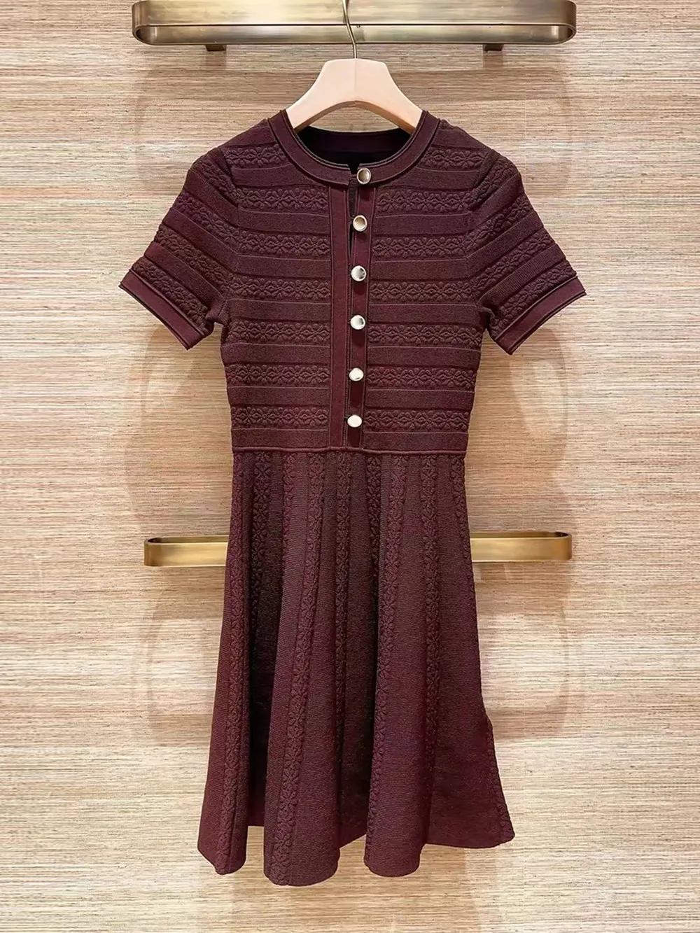 

Elegant Hollow out Knitted Short Sleeve Dress Women's Slim Fit A-Line Single Button Waist Cinched High End Version European S...
