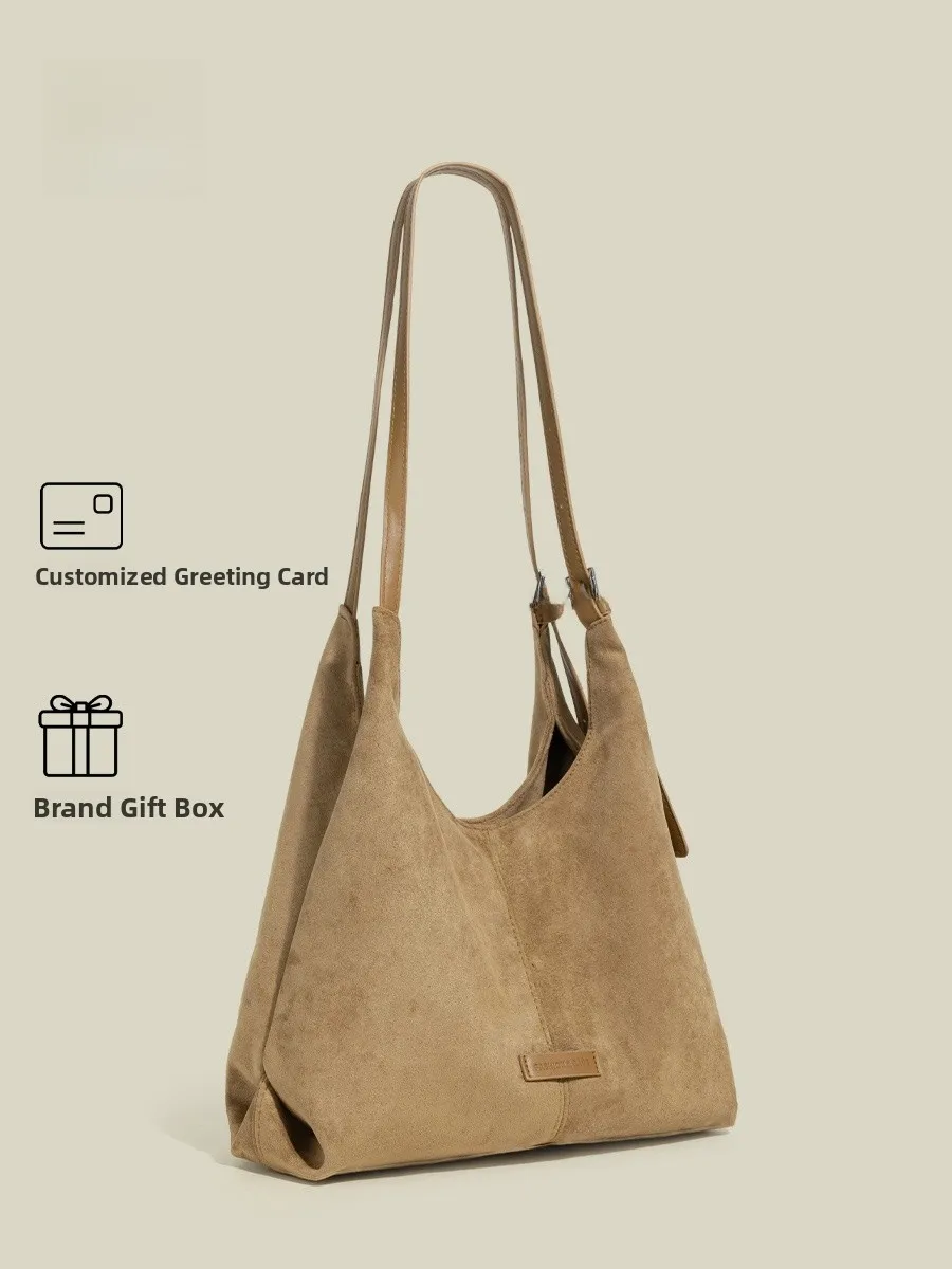 

Large Capacity Suede Hobo Bag Women's Crossbody Shoulder Bag Casual Style Khaki Color Spring Season Soft Fabric Zipper Closure