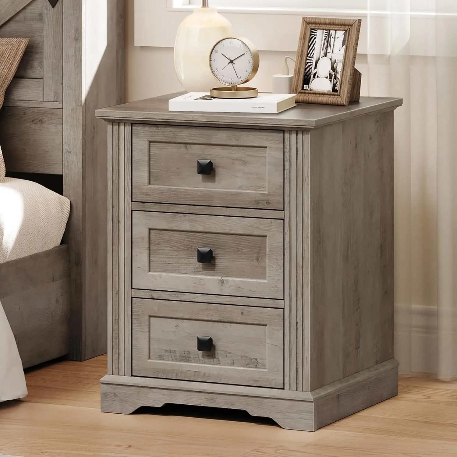 Night Stand Set of 2 with Charging Station & 3 Drawers, Greige, Customized