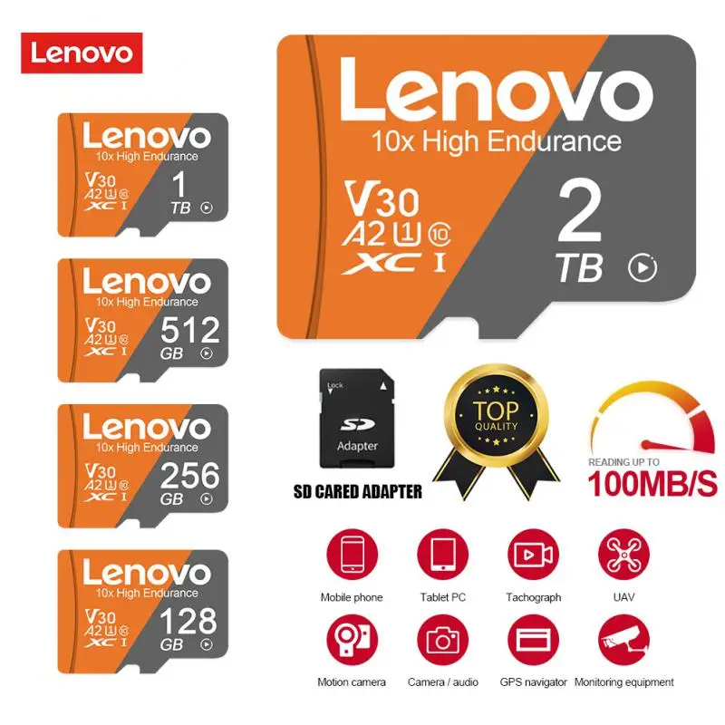 Kartu memori SD Lenovo 512GB, kartu TF mikro/SD 1TB 2TB kelas 10 kecepatan tinggi A2 kartu TF 128GB 256GB kartu Flash untuk kamera 4K