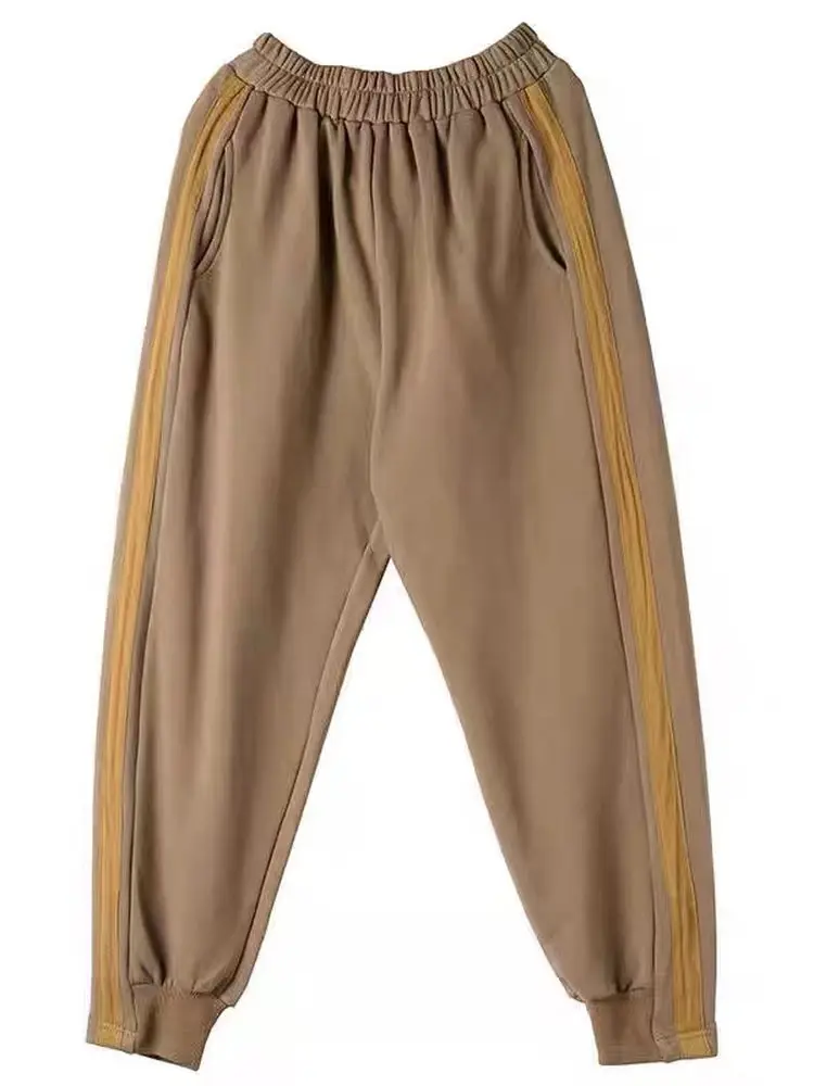 캐주얼 할란 팬츠 엘라스틱 웨이스트 나인 포인트 스플라이스 사이드 컬러 블로우 루즈 핏 가을 겨울 신상 여성 패션 바지