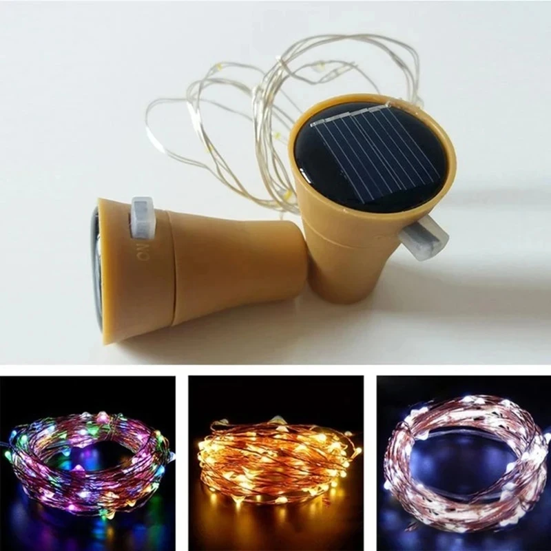 Solar Vinho Garrafa String Luz, DIY Fio De Cobre, Luzes De Fadas, Forma De Cortiça, Festa De Casamento, Jardim, Decoração De Natal Lâmpada, 2m, 20LEDs, 10Pcs