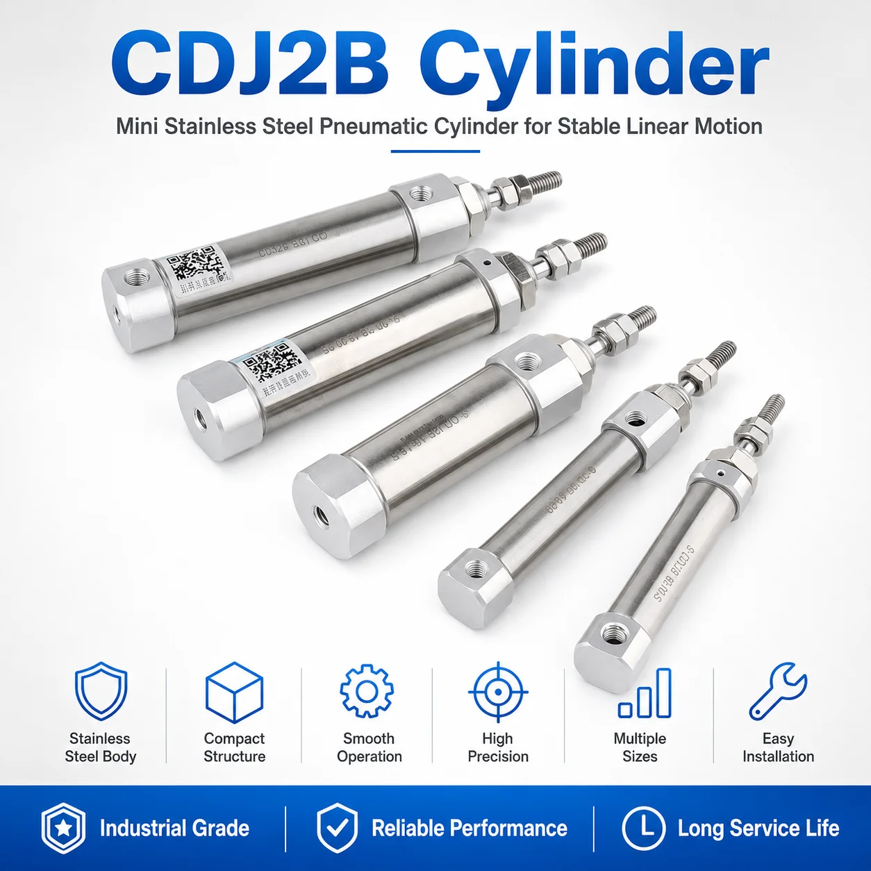 CDJ2B16 Double Acting Pneumatic Cylinder Mini Air Cylinder Single Rod Stainless Steel for Automation Equipment 10-100MM Stroke