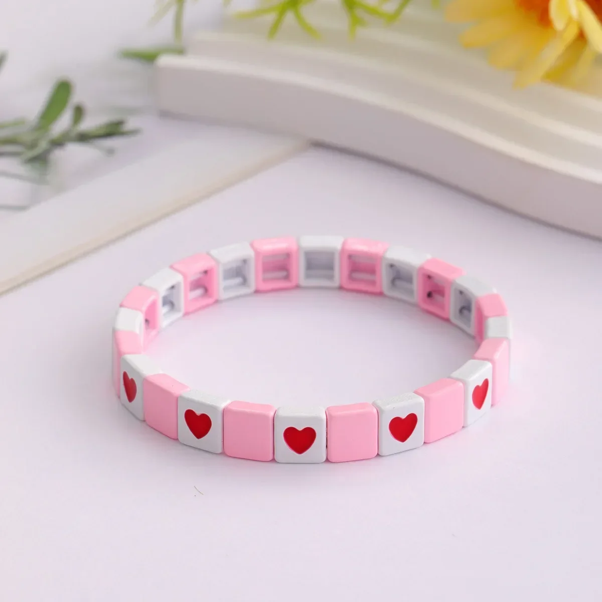 Bohemian Style 2024 New Drop Oil Love Square Beaded Enamel Bracelet Fashion Casual Valentine\'s Day Bracelet Wholesale