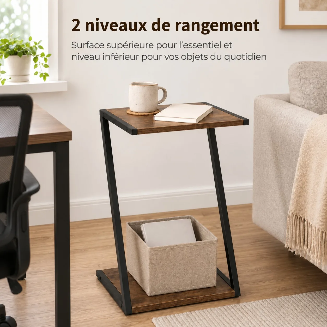 Mesa auxiliar industrial con forma de Z para el salón y el dormitorio, mesa compacta para colocar al lado del sofá, con estructura de metal negro y superficie de madera de color marrón, mueble con espacio de almacenamiento, 20x29x50 cm.