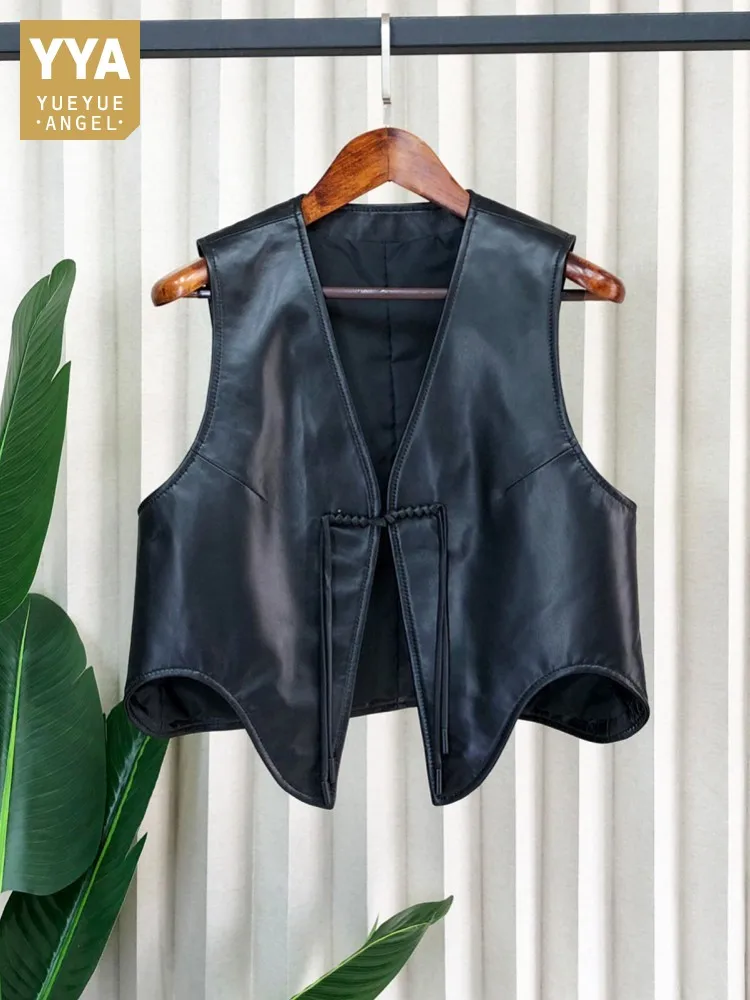 Vintage Women Irregular Sheepskin Genuine Leather Vest Top V Neck Retro Style Button Sleeveless Natural Leather Jacket Waistcoat